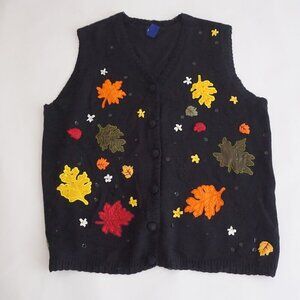 Vintage Basic Editions Black Knit Leaf Applique Autumn Cabincore Cardigan 2X